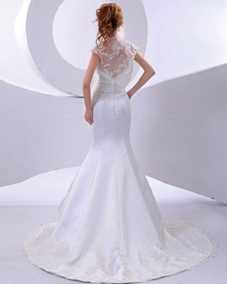 حورية بحرية أنيقة زهرة العنق الزفاف مع أكمام قصيرة